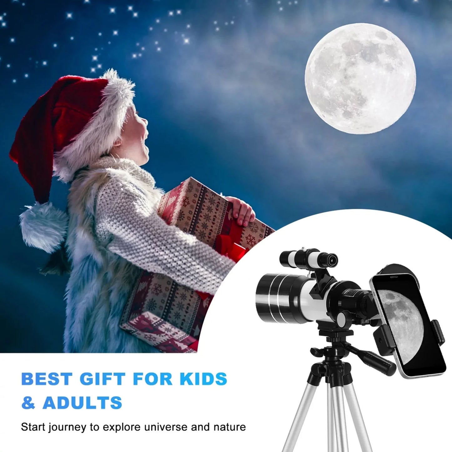 Telescope for Adults Astronomy, 300/70 Portable Refractor Telescope (15X-150X) with a Phone Adapter & Adjustable Tripod for Kids Astronomy Beginners, Xmas Birthday Gifts for Adults Kids